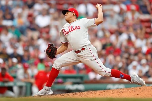 Ranger Suarez of the Philadelphia Phillies pitches against the Boston Red Sox during the ninth inning at Fenway Park on July 11, 2021 in Boston,...