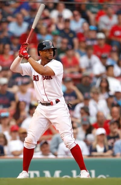 Xander Bogaerts of the Boston Red Sox at bat against the Philadelphia Phillies during the ninth inning at Fenway Park on July 11, 2021 in Boston,...