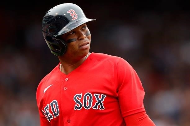Rafael Devers of the Boston Red Sox looks on during the third inning against the Philadelphia Phillies at Fenway Park on July 10, 2021 in Boston,...