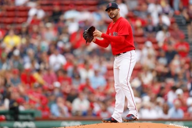 Starting pitcher Martin Perez of the Boston Red Sox looks on against the Philadelphia Phillies during the first inning at Fenway Park on July 10,...