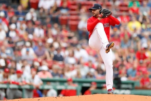 Starting pitcher Martin Perez of the Boston Red Sox throws against the Philadelphia Phillies during the first inning at Fenway Park on July 10, 2021...