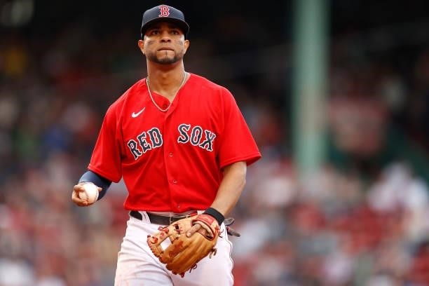 Xander Bogaerts of the Boston Red Sox looks on during the seventh inning against the Philadelphia Phillies at Fenway Park on July 10, 2021 in Boston,...