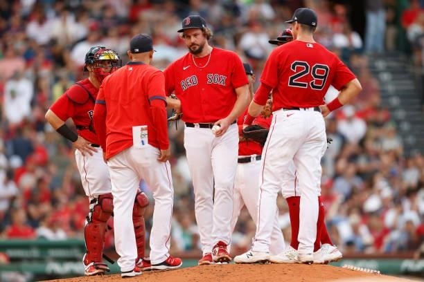 Josh Taylor of the Boston Red Sox is relieved during the eighth inning against the Philadelphia Phillies at Fenway Park on July 10, 2021 in Boston,...