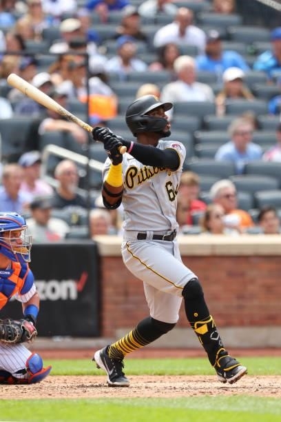 Rodolfo Castro of the Pittsburgh Pirates hits a home run against the New York Mets during the fifth inning of a game at Citi Field on July 11, 2021...