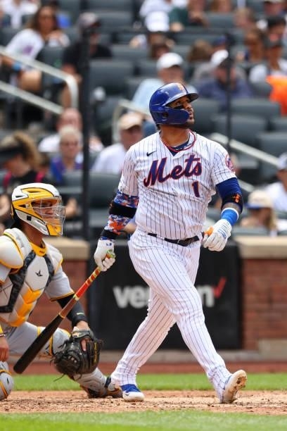 Jonathan Villar of the New York Mets in action against the Pittsburgh Pirates during a game at Citi Field on July 11, 2021 in New York City.