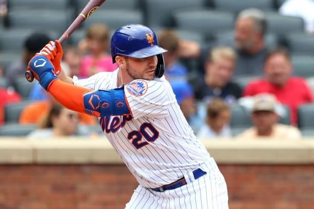 Pete Alonso of the New York Mets in action against the Pittsburgh Pirates during a game at Citi Field on July 11, 2021 in New York City.
