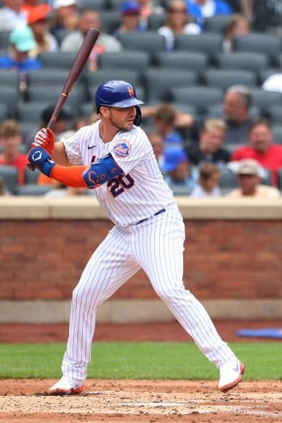 Pete Alonso of the New York Mets in action against the Pittsburgh Pirates during a game at Citi Field on July 11, 2021 in New York City.