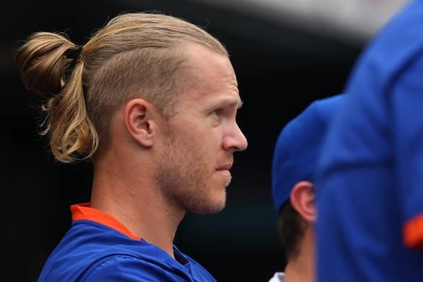 Noah Syndergaard of the New York Mets in action against the Pittsburgh Pirates during a game at Citi Field on July 11, 2021 in New York City.
