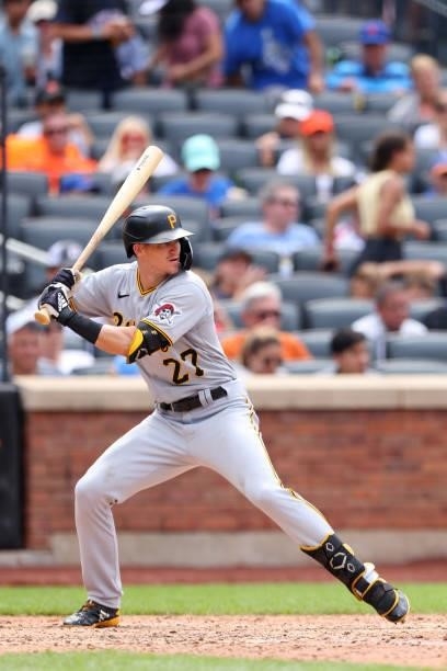 Kevin Newman of the Pittsburgh Pirates in action against the New York Mets during a game at Citi Field on July 11, 2021 in New York City.