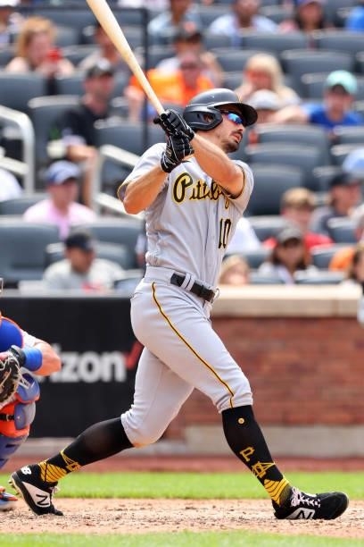 Bryan Reynolds of the Pittsburgh Pirates in action against the New York Mets during a game at Citi Field on July 11, 2021 in New York City.