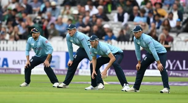 England slip fielders Dawid Malan, Zak Crawley, Craig Overton and Will Jacks during the 2nd Royal London Series One Day International between England...