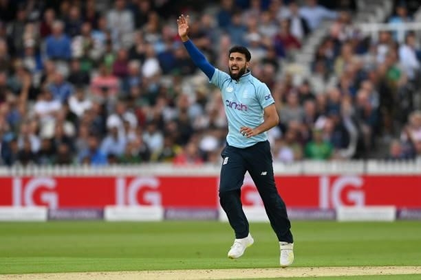 Saqib Mahmood of England appeals during the 2nd Royal London Series One Day International between England and Pakistan at Lord's Cricket Ground on...