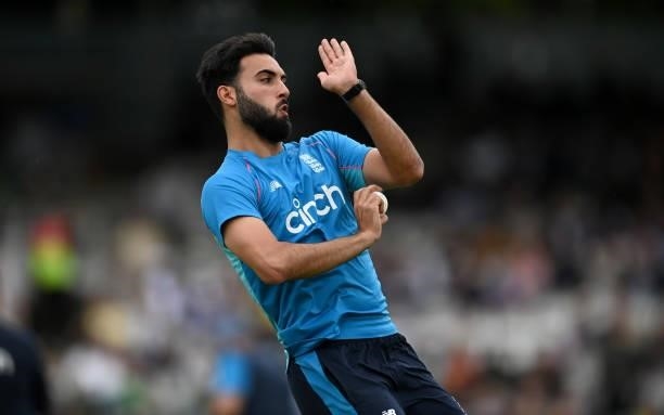 Saqib Mahmood of England warms up ahead of the 2nd Royal London Series One Day International between England and Pakistan at Lord's Cricket Ground on...