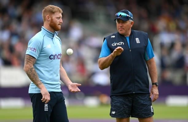 England captain Ben Stokes and coach Chris Silverwood during the 2nd Royal London Series One Day International between England and Pakistan at Lord's...