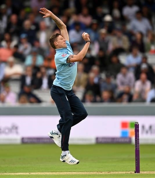 Brydon Carse of England bowls during the 2nd Royal London Series One Day International between England and Pakistan at Lord's Cricket Ground on July...