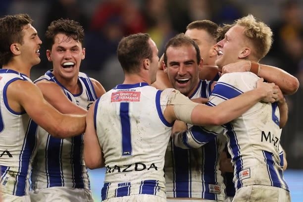 Ben Cunnington of the Kangaroos celebrates a goal during the round 17 AFL match between the West Coast Eagles and North Melbourne Kangaroos at Optus...