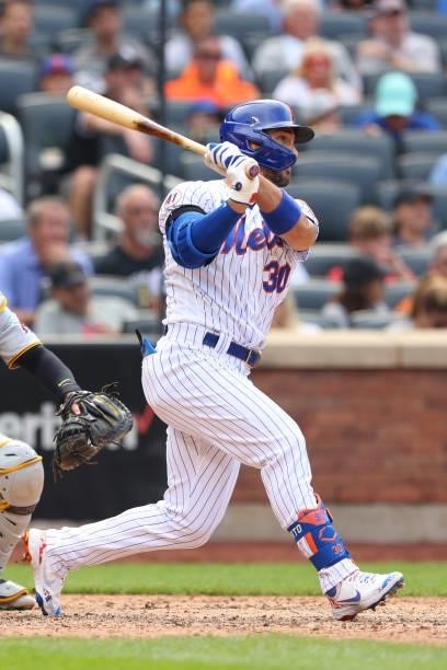 Michael Conforto of the New York Mets in action against the Pittsburgh Pirates during a game at Citi Field on July 11, 2021 in New York City.