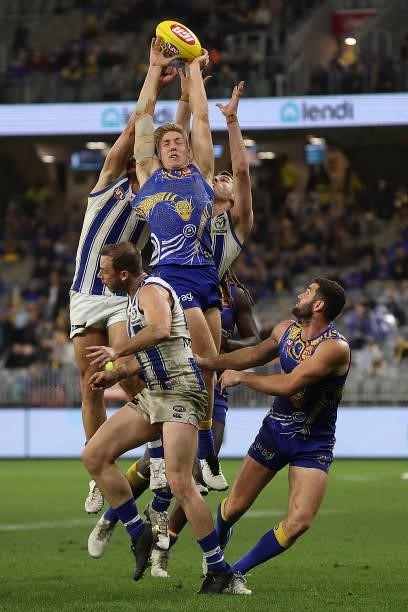 Oscar Allen of the Eagles contests for a mark during the round 17 AFL match between the West Coast Eagles and North Melbourne Kangaroos at Optus...