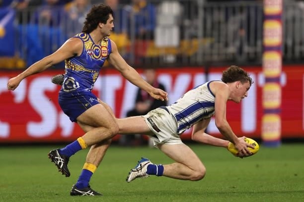 Nick Larkey of the Kangaroos marks the ball during the round 17 AFL match between the West Coast Eagles and North Melbourne Kangaroos at Optus...