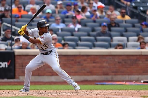 Ke'Bryan Hayes of the Pittsburgh Pirates in action against the New York Mets during a game at Citi Field on July 11, 2021 in New York City.