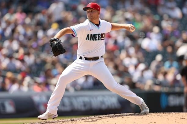 Reid Detmers of the American League team throws against the National League team during the All-Star Futures Game at Coors Field on July 11, 2021 in...