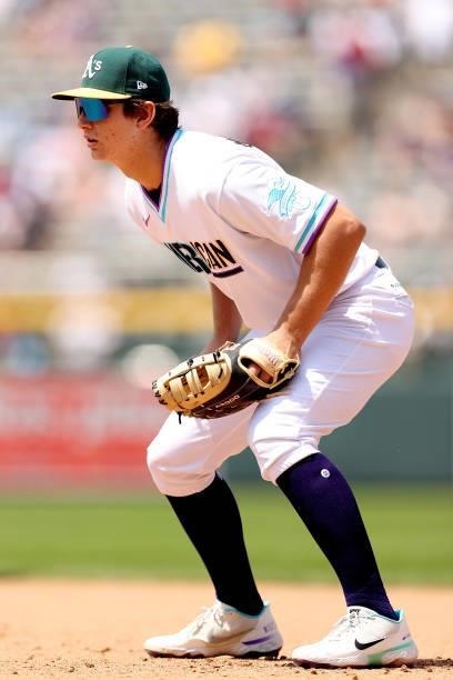 Tyler Soderstrom of the American League plays first base against the National League team during the All-Star Futures Game at Coors Field on July 11,...
