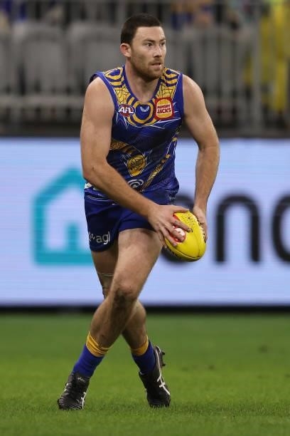 Jeremy McGovern of the Eagles in action during the round 17 AFL match between the West Coast Eagles and North Melbourne Kangaroos at Optus Stadium on...