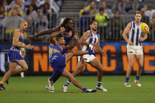 Tim Kelly of the Eagles kicks on goal during the round 17 AFL match between the West Coast Eagles and North Melbourne Kangaroos at Optus Stadium on...