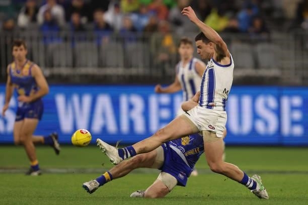 Luke Davies-Uniacke of the Kangaroos in action during the round 17 AFL match between the West Coast Eagles and North Melbourne Kangaroos at Optus...