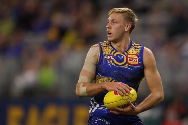 Oscar Allen of the Eagles in action during the round 17 AFL match between the West Coast Eagles and North Melbourne Kangaroos at Optus Stadium on...