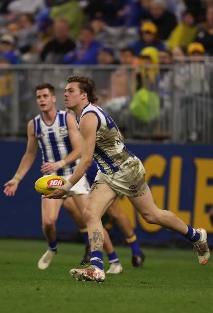 Cameron Zurhaar of the Kangaroos in action during the round 17 AFL match between the West Coast Eagles and North Melbourne Kangaroos at Optus Stadium...