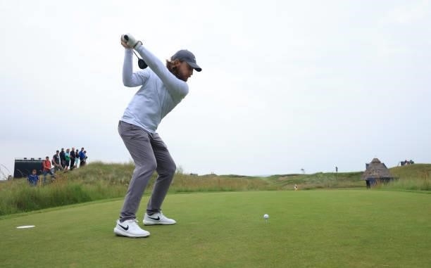 Tommy Fleetwood of England plays a shot from the 7th tee during a practice round for The 149th Open at Royal St George’s Golf Club on July 12, 2021...