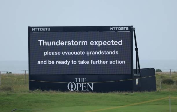 Warnings are seen for a thunderstorm during a practice round for The 149th Open at Royal St George’s Golf Club on July 12, 2021 in Sandwich, England.