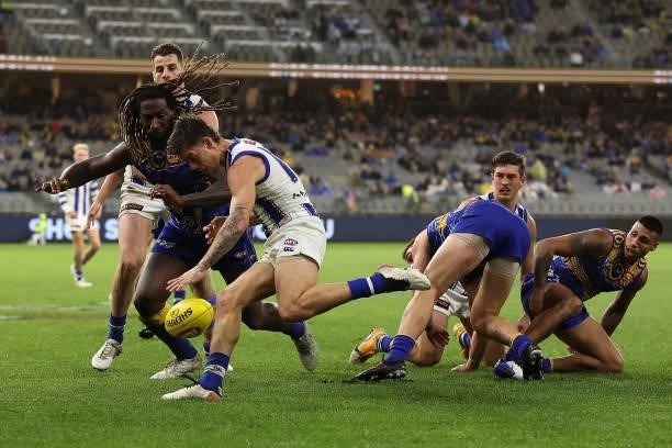 Jy Simpkin of the Kangaroos in action during the round 17 AFL match between the West Coast Eagles and North Melbourne Kangaroos at Optus Stadium on...