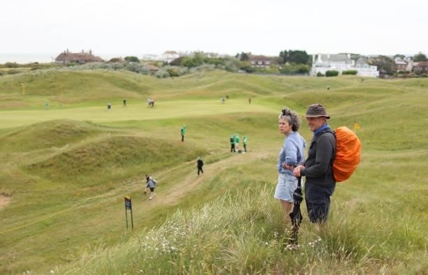Spectators look on during a practice round for The 149th Open at Royal St George’s Golf Club on July 12, 2021 in Sandwich, England.