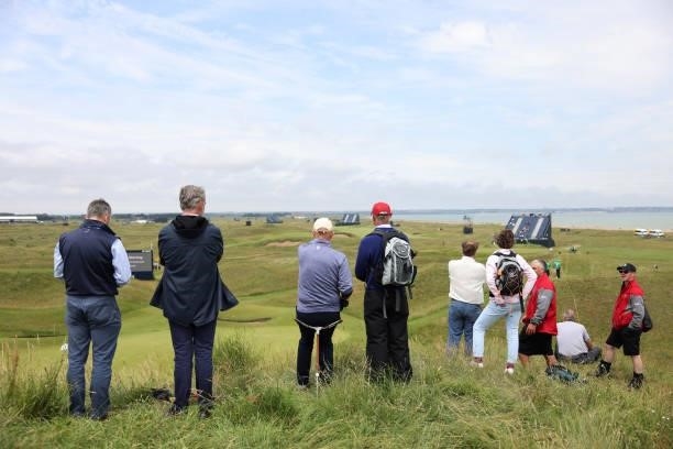 Spectators look on during a practice round for The 149th Open at Royal St George’s Golf Club on July 12, 2021 in Sandwich, England.