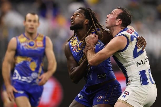 Nic Naitanui of the Eagles and Todd Goldstein of the Kangaroos contest the ruck the round 17 AFL match between the West Coast Eagles and North...