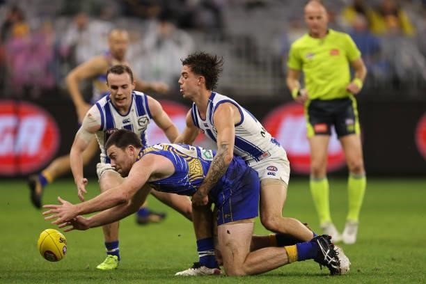 Jeremy McGovern of the Eagles and Jy Simpkin of the Kangaroos contest for the ball during the round 17 AFL match between the West Coast Eagles and...