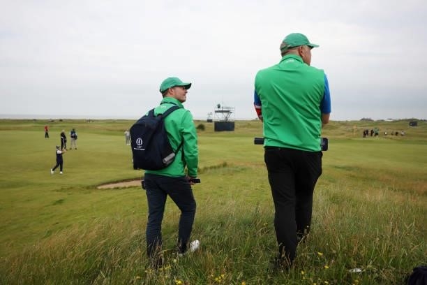 Marshalls watch on during a practice round for The 149th Open at Royal St George’s Golf Club on July 12, 2021 in Sandwich, England.