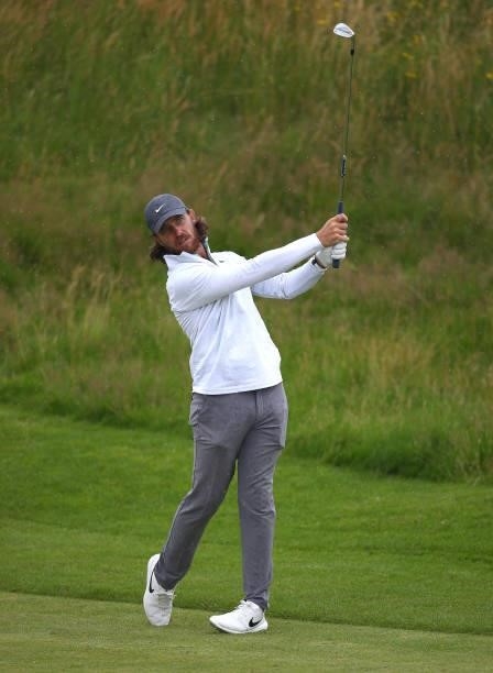 Tommy Fleetwood of England plays a shot during a practice round ahead of The 149th Open at Royal St George’s Golf Club on July 12, 2021 in Sandwich,...
