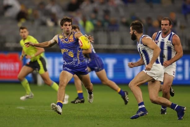 Andrew Gaff of the Eagles in action during the round 17 AFL match between the West Coast Eagles and North Melbourne Kangaroos at Optus Stadium on...