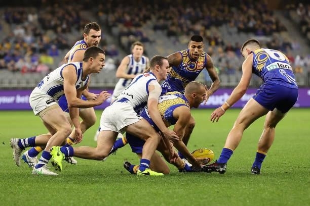 Dom Sheed of the Eagles contests for the ball against Jack Mahony of the Kangaroos during the round 17 AFL match between the West Coast Eagles and...
