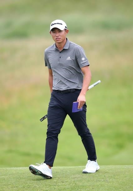 Collin Morikawa of the United States looks on during a practice round ahead of The 149th Open at Royal St George’s Golf Club on July 12, 2021 in...