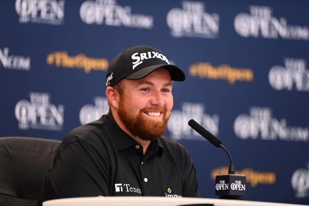 In this handout picture provided by the R&A, Shane Lowry of Ireland talks to the media during a press conference prior to The 149th Open at Royal St...