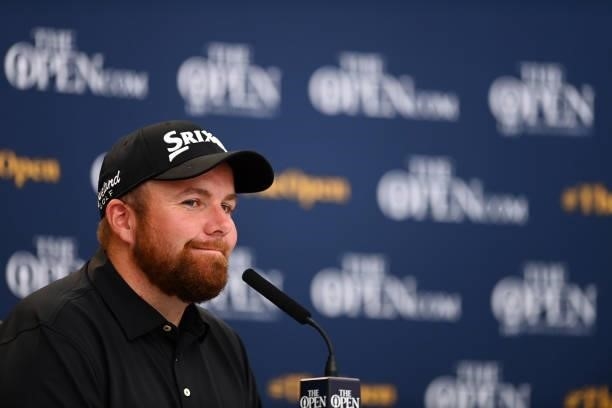 In this handout picture provided by the R&A, Shane Lowry of Ireland talks to the media during a press conference prior to The 149th Open at Royal St...