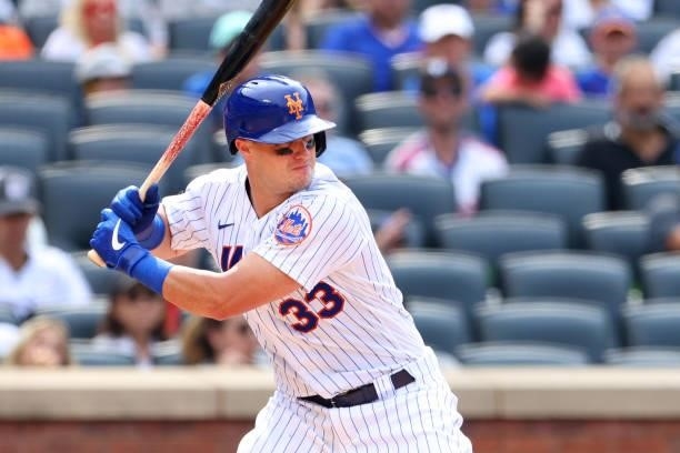 James McCann of the New York Mets in action against the Pittsburgh Pirates during a game at Citi Field on July 11, 2021 in New York City.