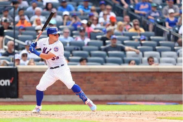 James McCann of the New York Mets in action against the Pittsburgh Pirates during a game at Citi Field on July 11, 2021 in New York City.