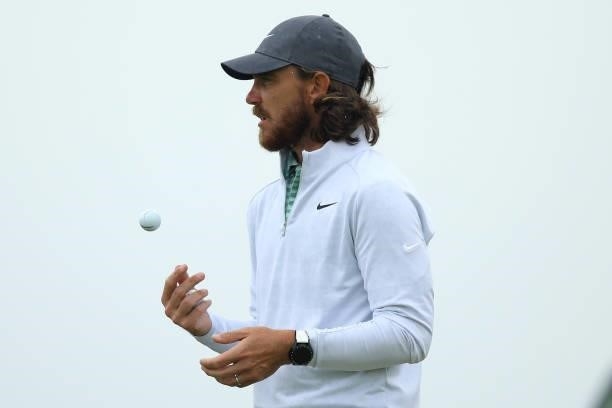 Tommy Fleetwood of England looks on during a practice round for The 149th Open at Royal St George’s Golf Club on July 12, 2021 in Sandwich, England.