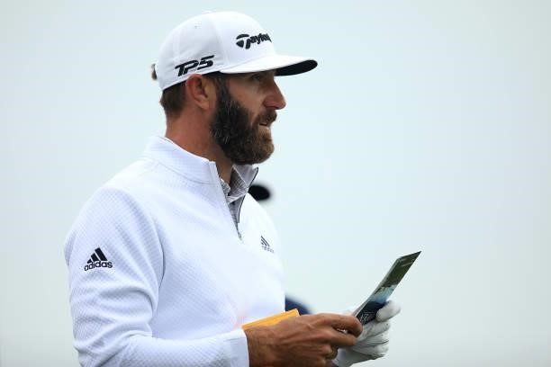 Dustin Johnson of the USA in action during a practice round for The 149th Open at Royal St George’s Golf Club on July 12, 2021 in Sandwich, England.