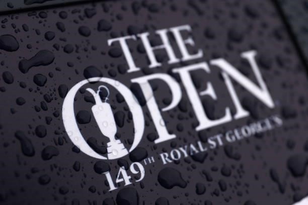 Detail view of raindrops across The Open logo during a practice round for The 149th Open at Royal St George’s Golf Club on July 12, 2021 in Sandwich,...
